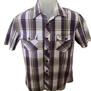 VTG Vintage OP Ocean Pacific Purple, Yellow & Gray Plaid Shirt Men S Small